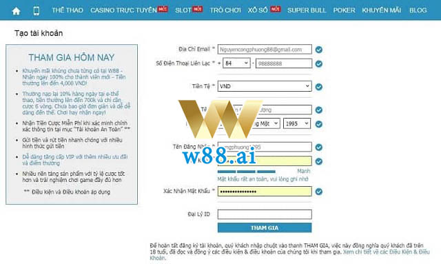 Biểu mẫu đăng ký tài khoản W88
